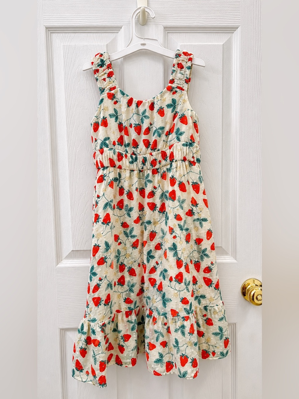Cat & Jack Strawberry Print Swiss Dot Dress Girls Medium (8) Cream Red